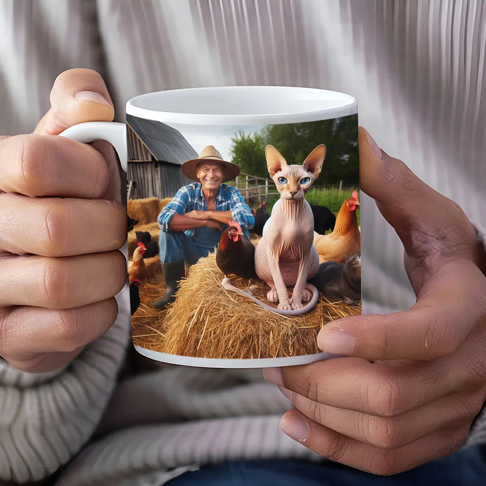 Sphynx Cat Sitting on Hay Bale Farm – Mugs