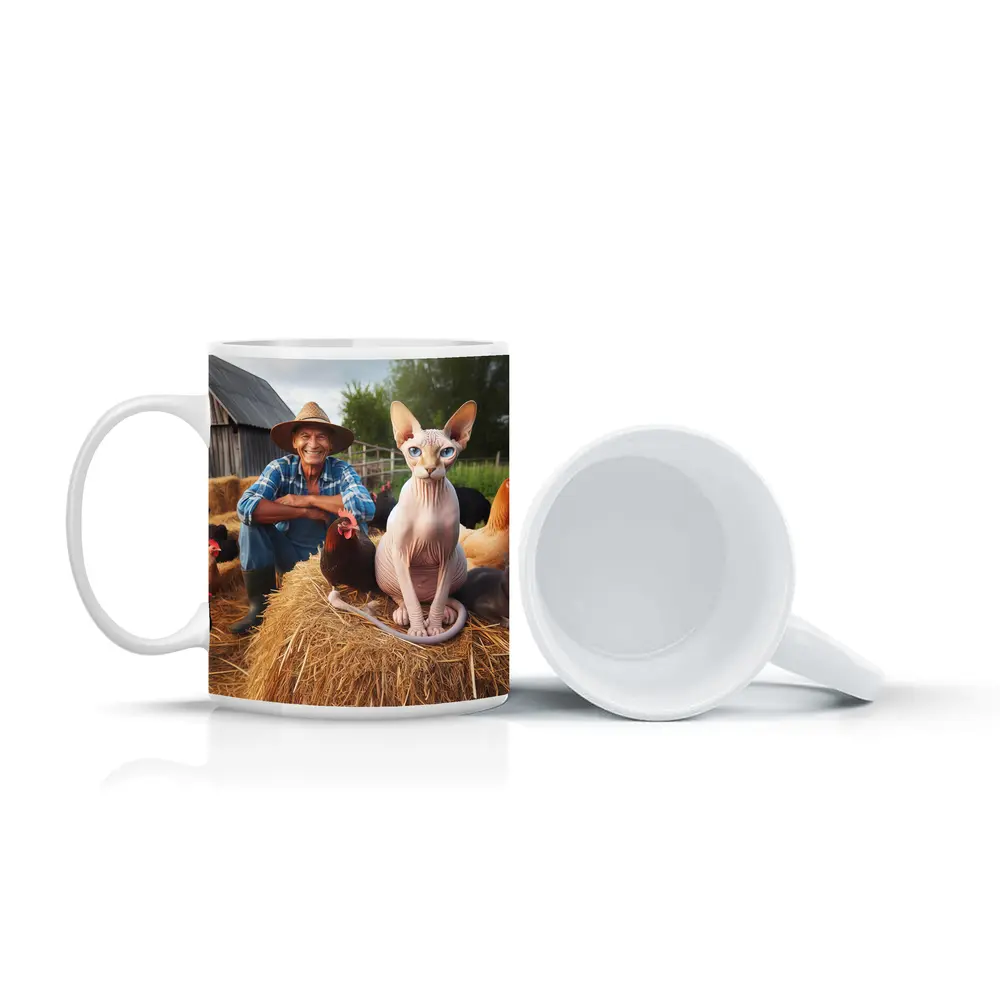 Sphynx Cat Sitting on Hay Bale Farm – Mugs