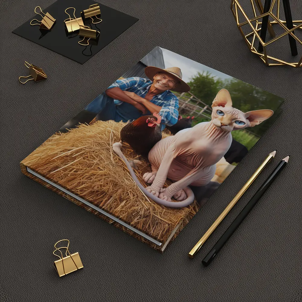 Sphynx Cat Sitting on Hay Bale Farm – Notebooks