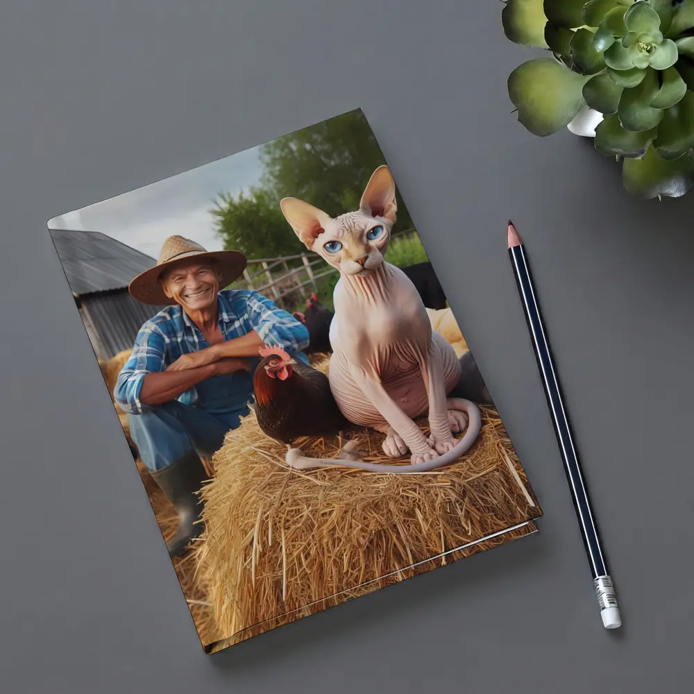 Sphynx Cat Sitting on Hay Bale Farm – Notebooks
