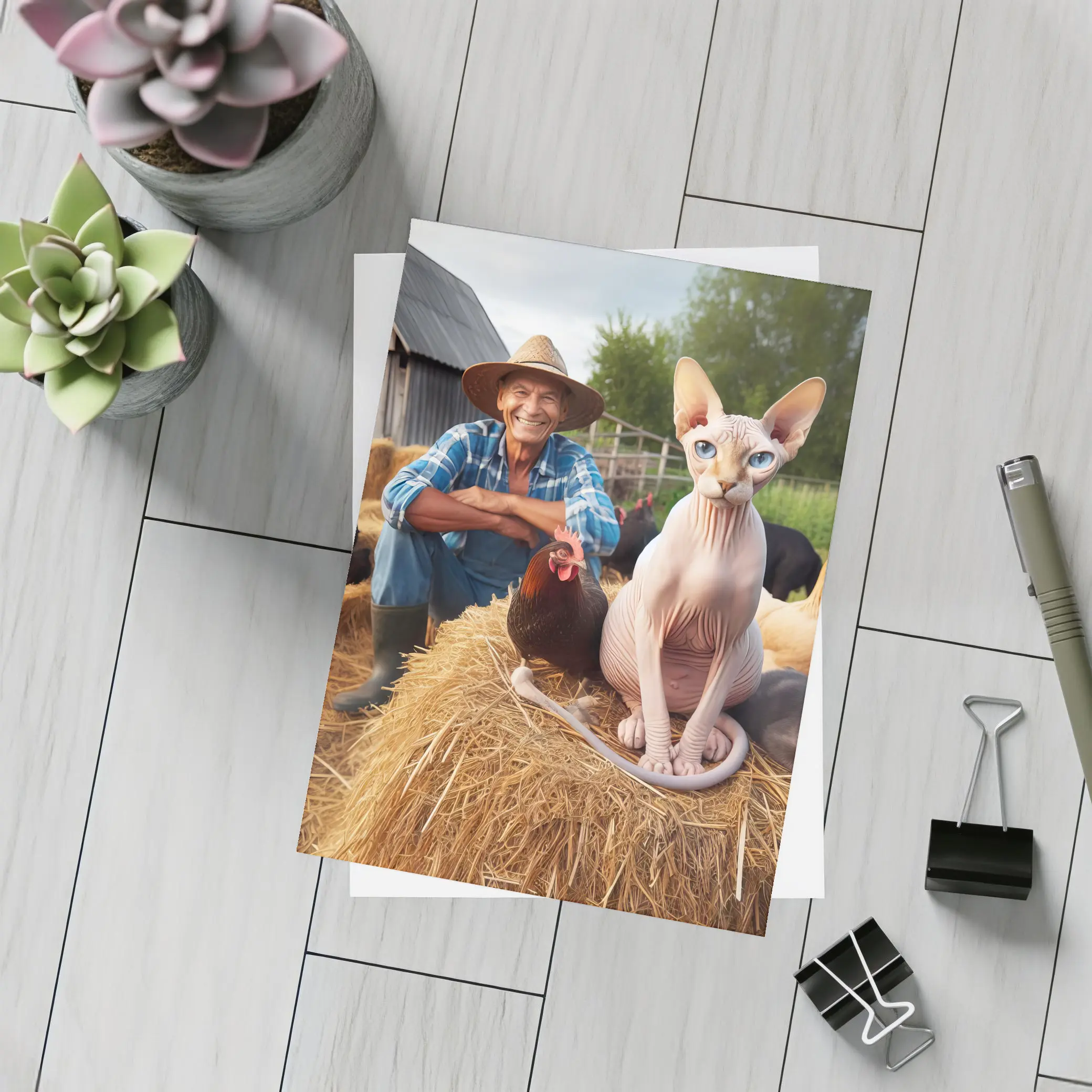 Sphynx Cat Sitting on Hay Bale Farm – Postcards