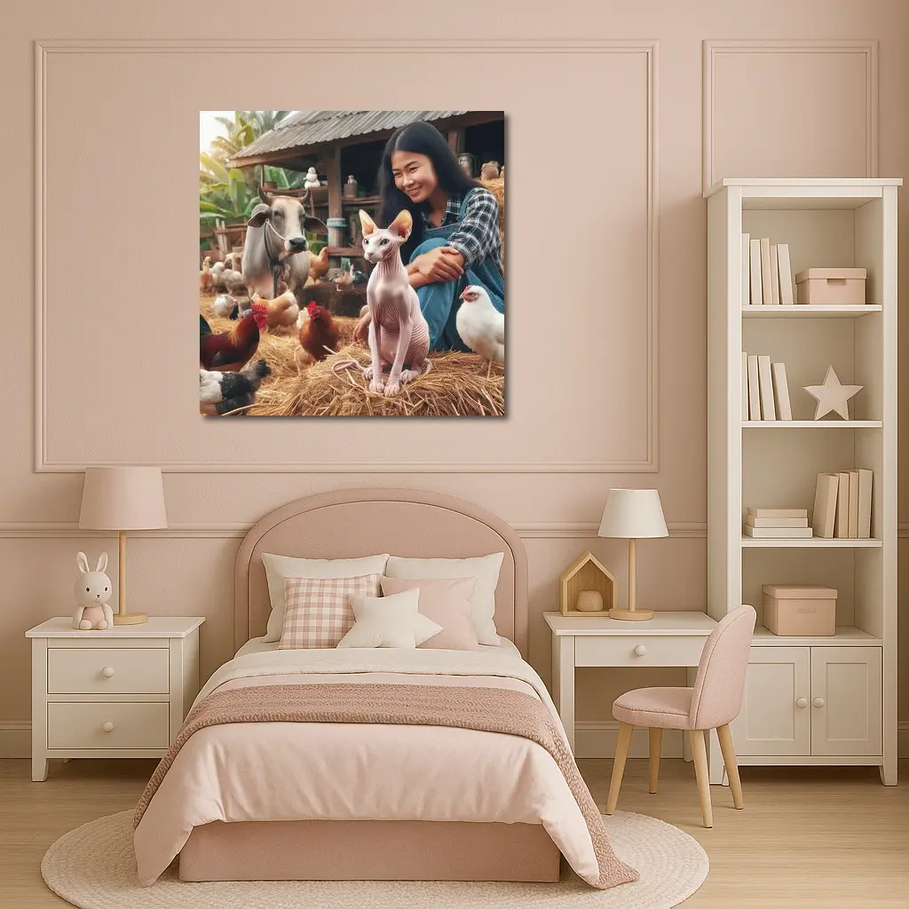Sphynx Cat Woman Farm Animals Rustic Setting – Wall Art