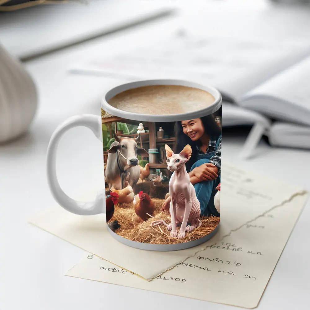 Sphynx Cat Woman Farm Animals Rustic Setting – Mugs