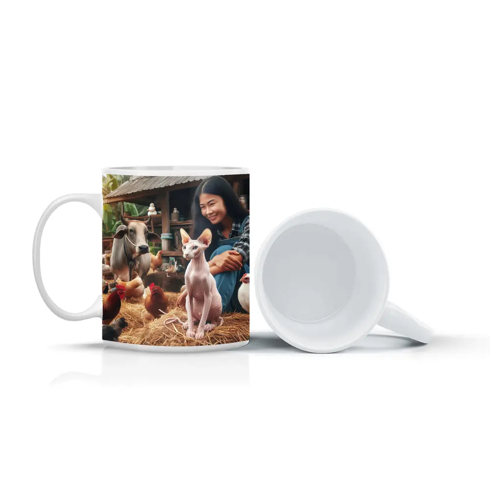 Sphynx Cat Woman Farm Animals Rustic Setting – Mugs