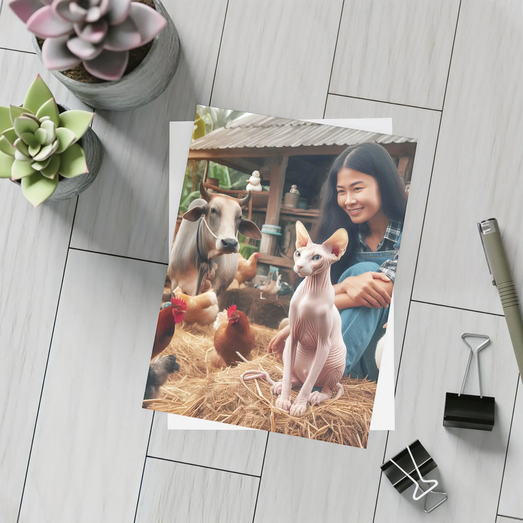 Sphynx Cat Woman Farm Animals Rustic Setting – Postcards