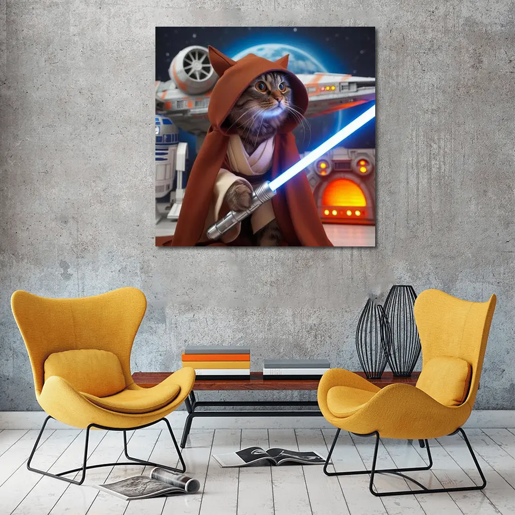 Jedi Cat With Lightsaber Space Background – Wall Art