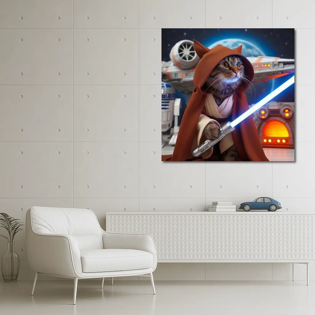 Jedi Cat With Lightsaber Space Background – Wall Art