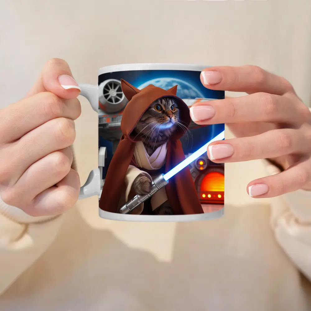Jedi Cat With Lightsaber Space Background – Mugs