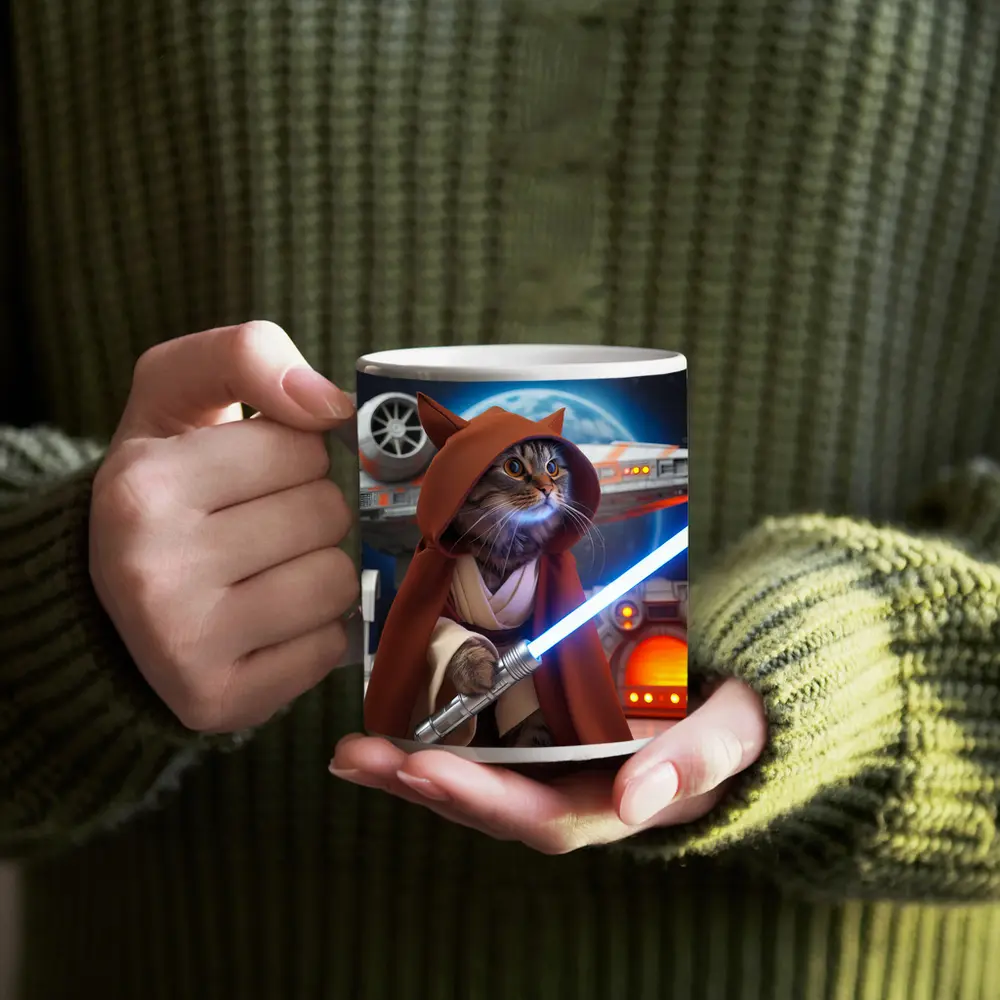 Jedi Cat With Lightsaber Space Background – Mugs