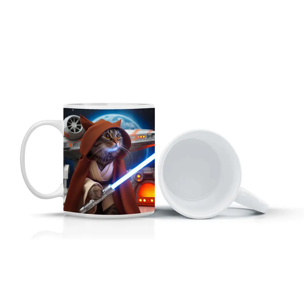 Jedi Cat With Lightsaber Space Background – Mugs