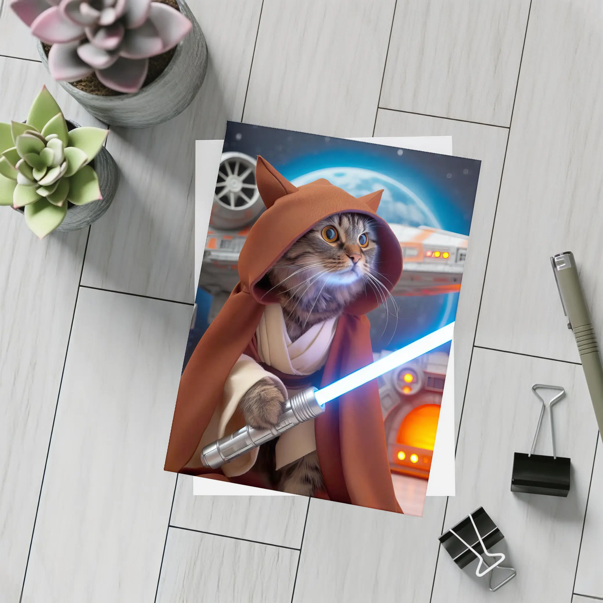 Jedi Cat With Lightsaber Space Background – Postcards