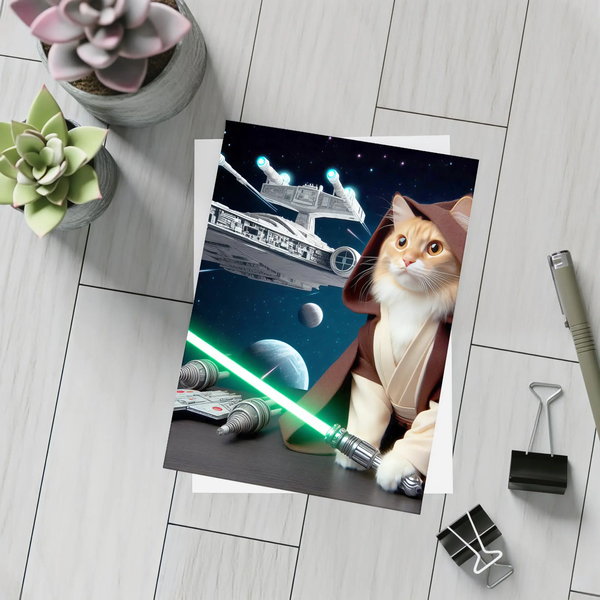 Orange Cat Jedi Lightsaber Space Battle – Postcards