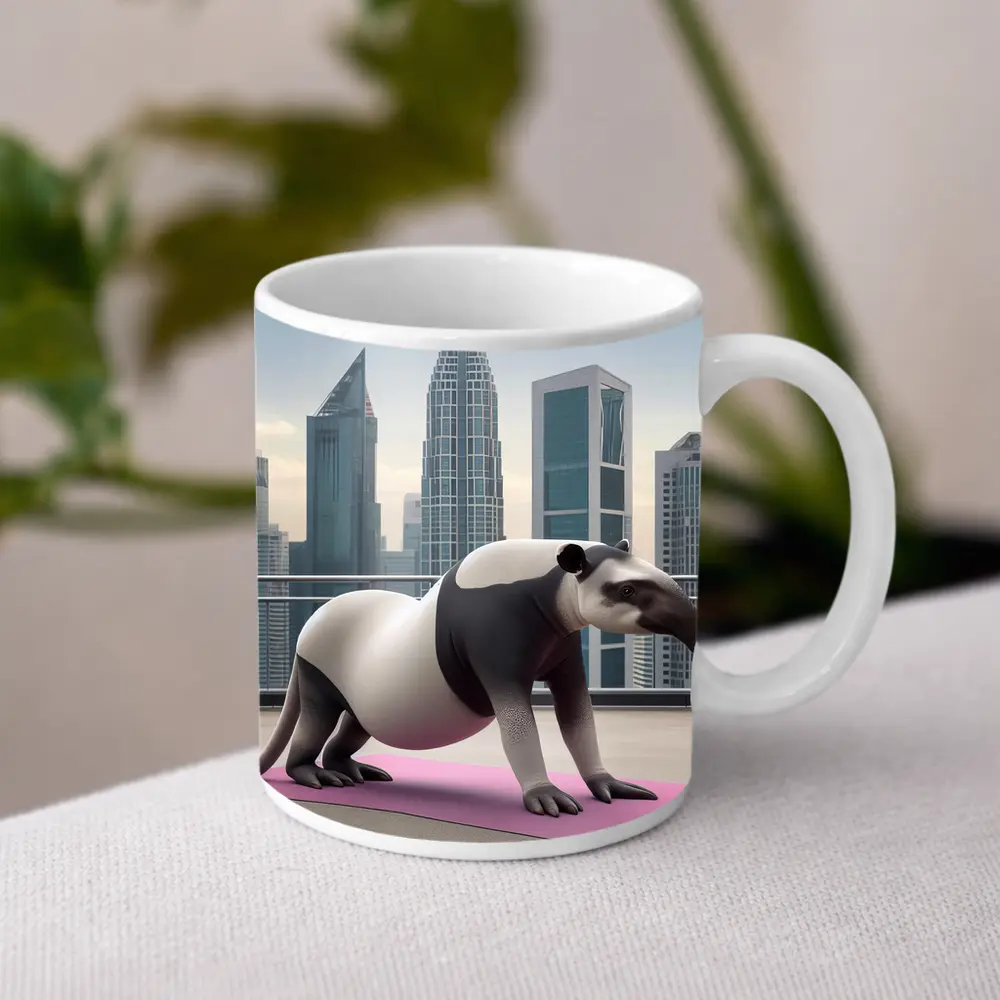 Tapir Doing Yoga City Skyline Background – Mugs