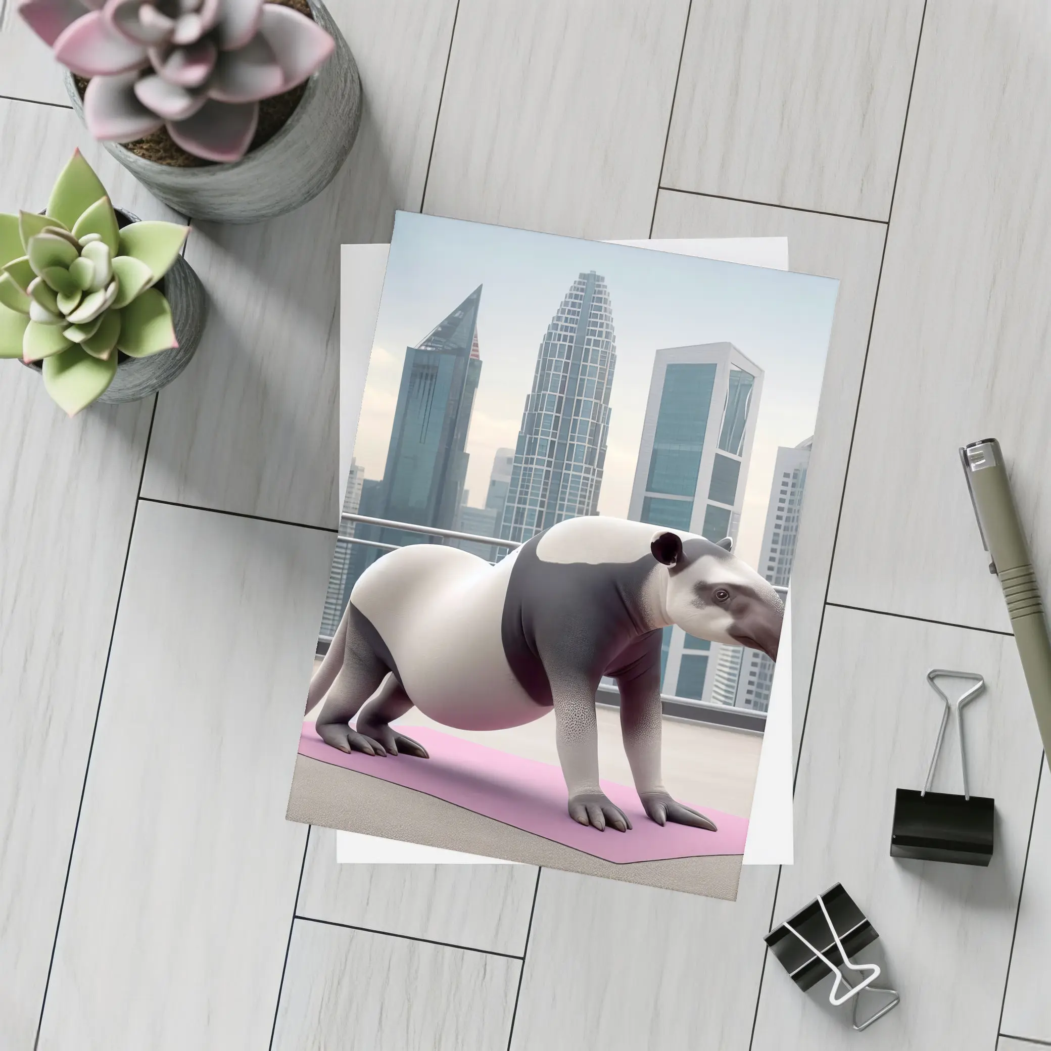 Tapir Doing Yoga City Skyline Background – Postcards