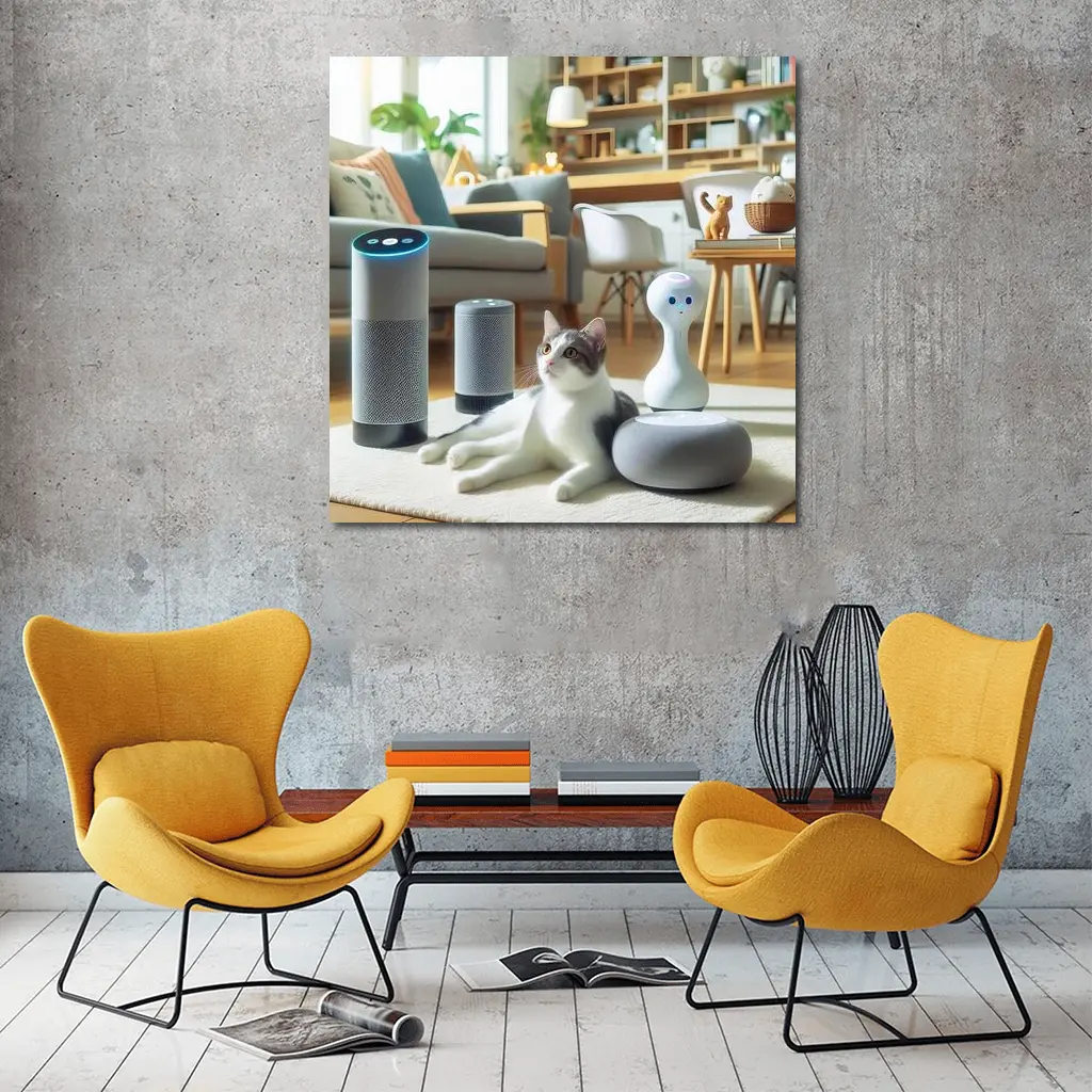 Gray White Cat Smart Home Living Room – Wall Art