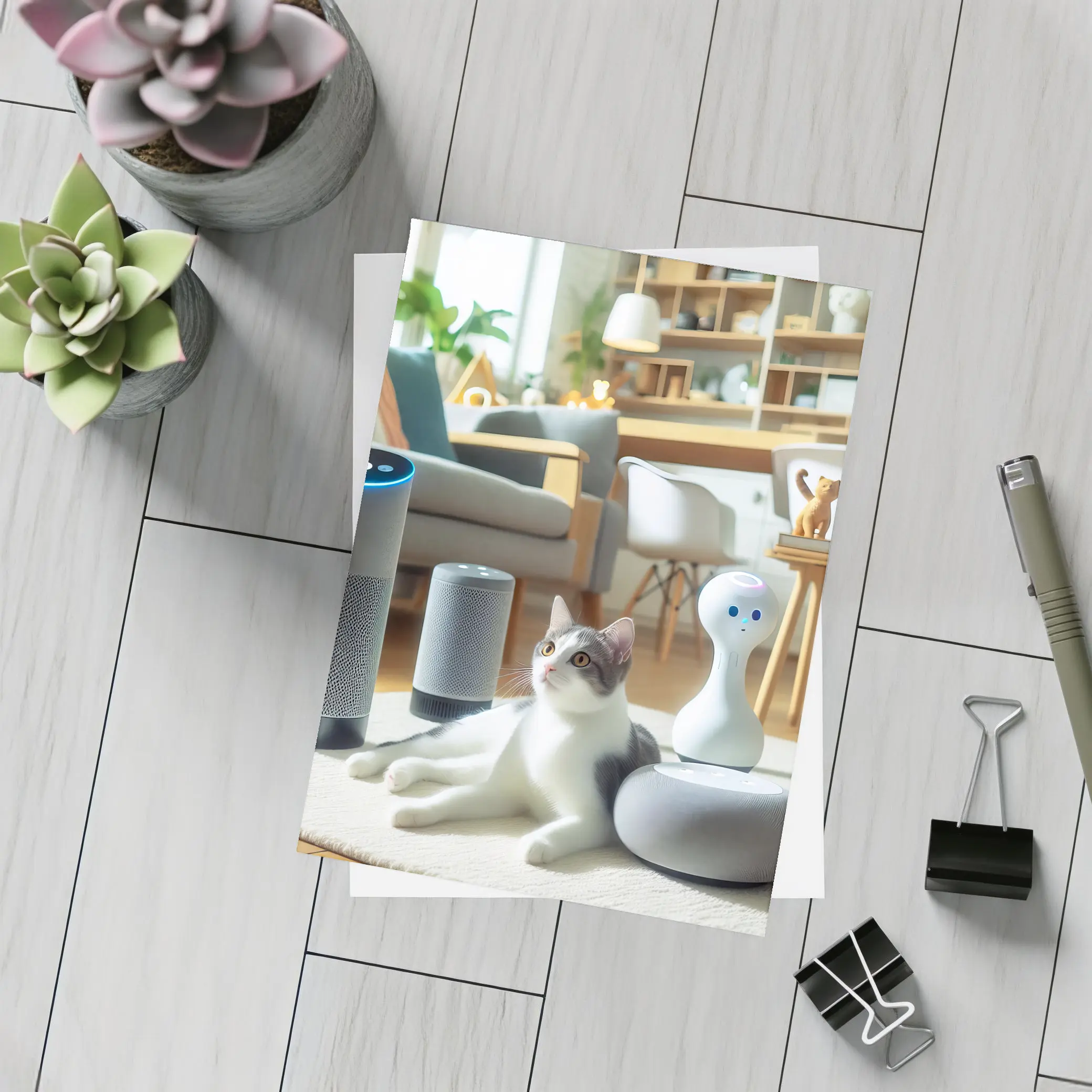 Gray White Cat Smart Home Living Room – Postcards