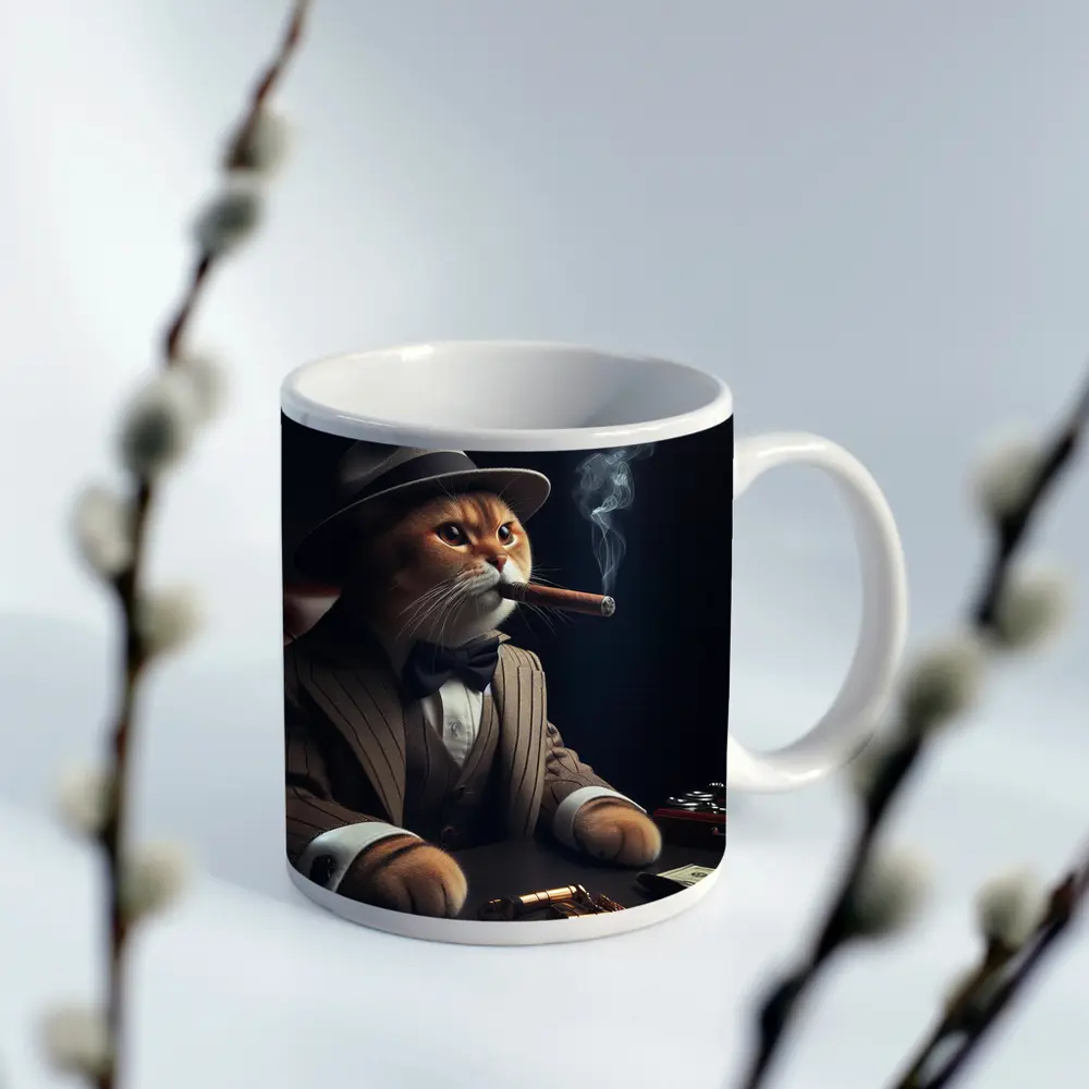 Gangster Cat Pinstripe Suit Cigar Dark – Mugs