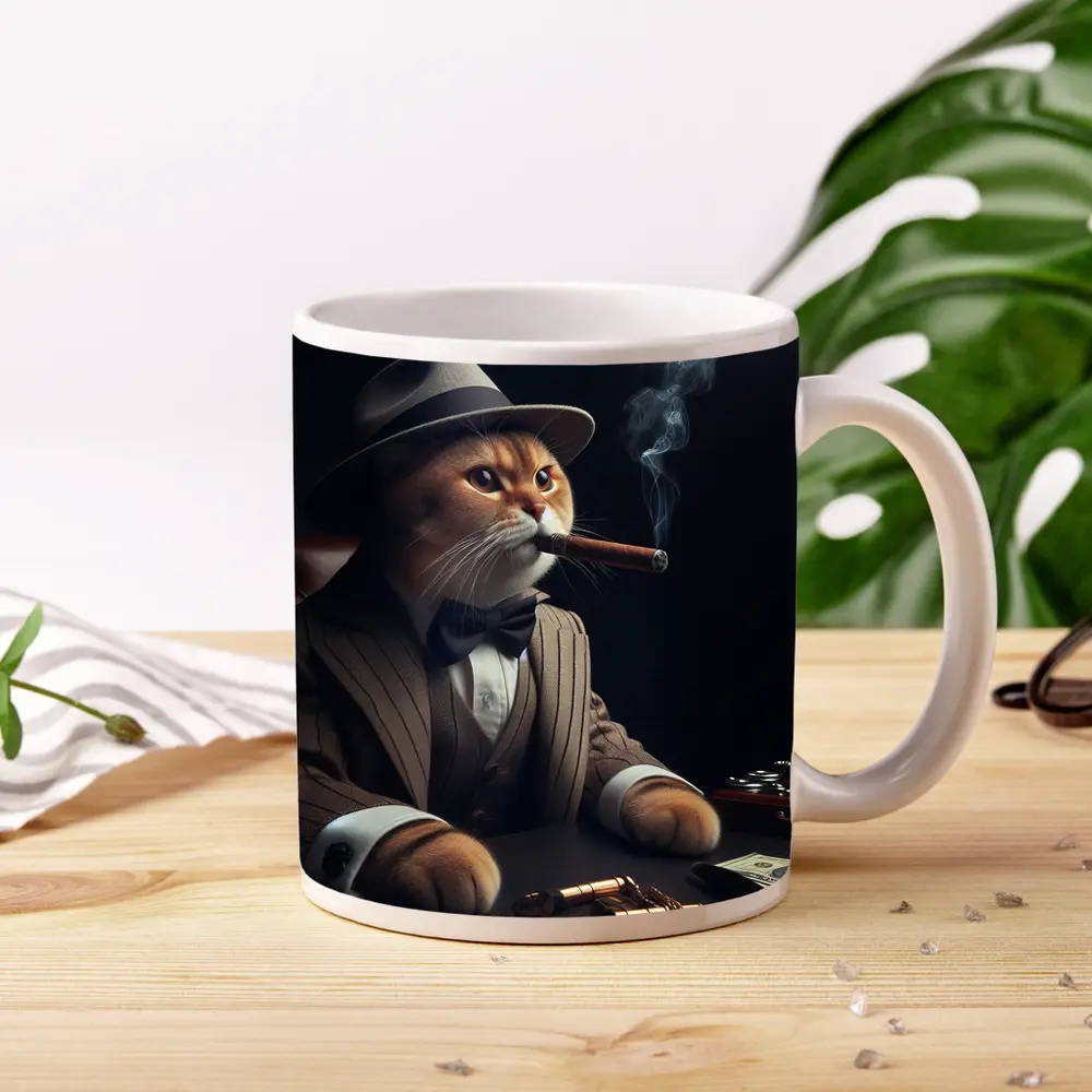 Gangster Cat Pinstripe Suit Cigar Dark – Mugs