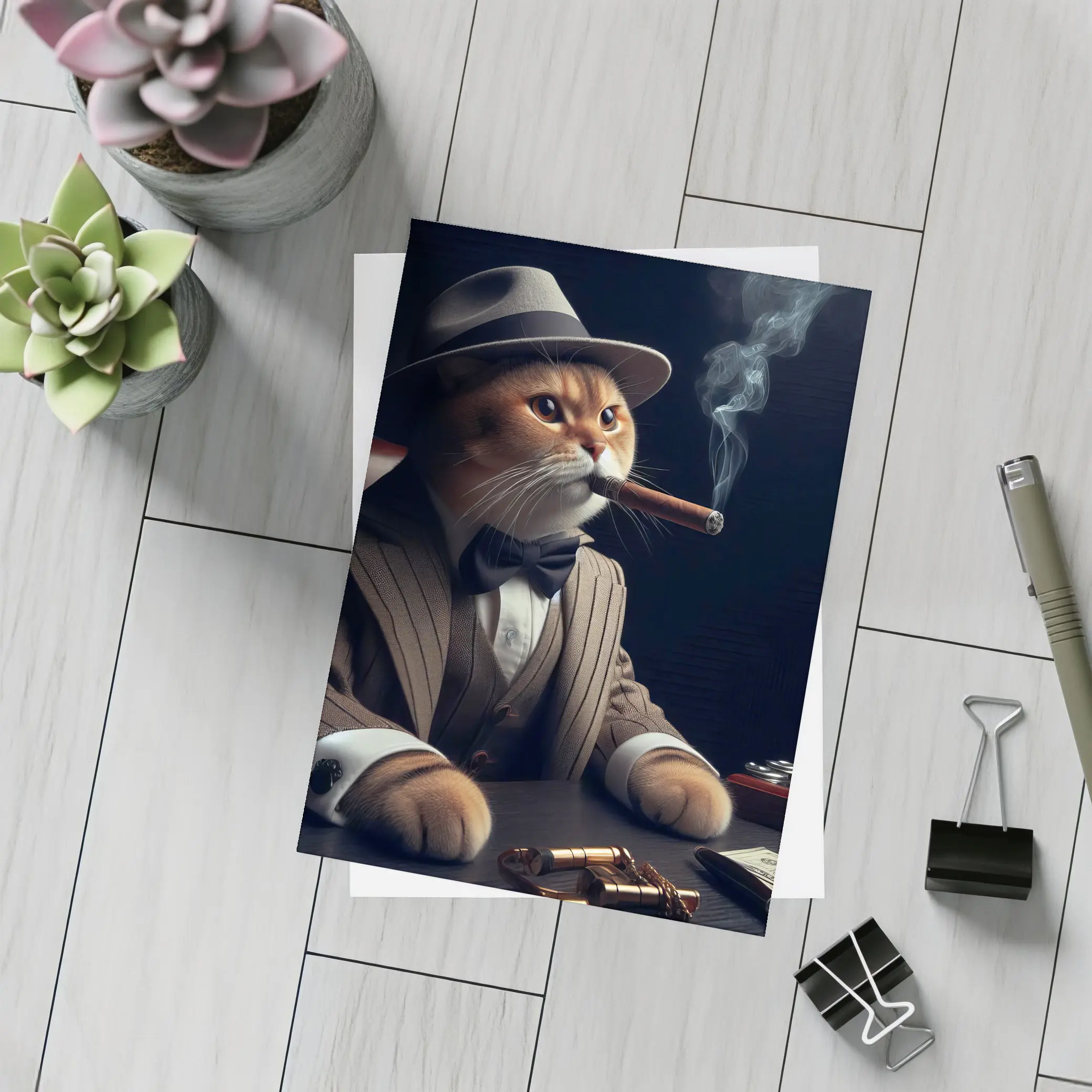 Gangster Cat Pinstripe Suit Cigar Dark – Postcards