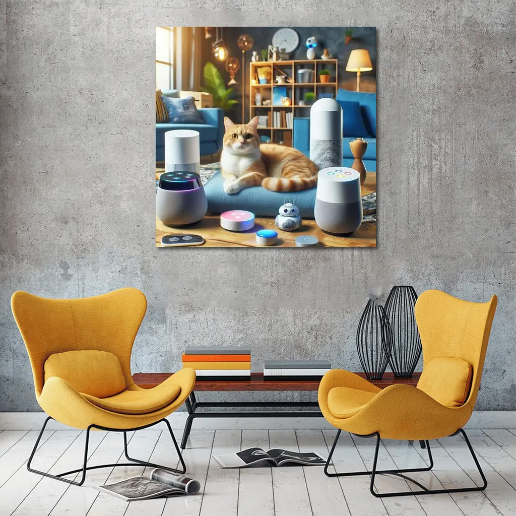 Orange Cat Surrounded By Smart Home Speakers – Wall Art