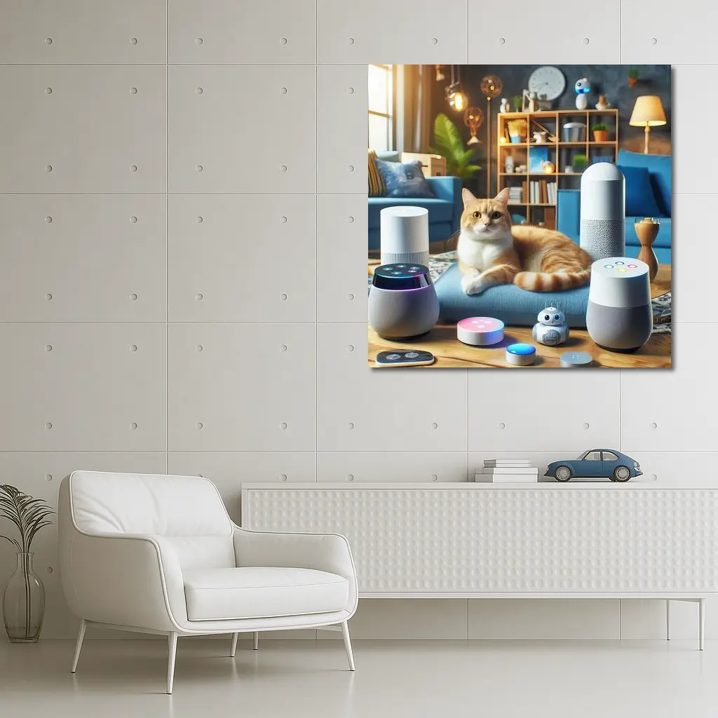 Orange Cat Surrounded By Smart Home Speakers – Wall Art