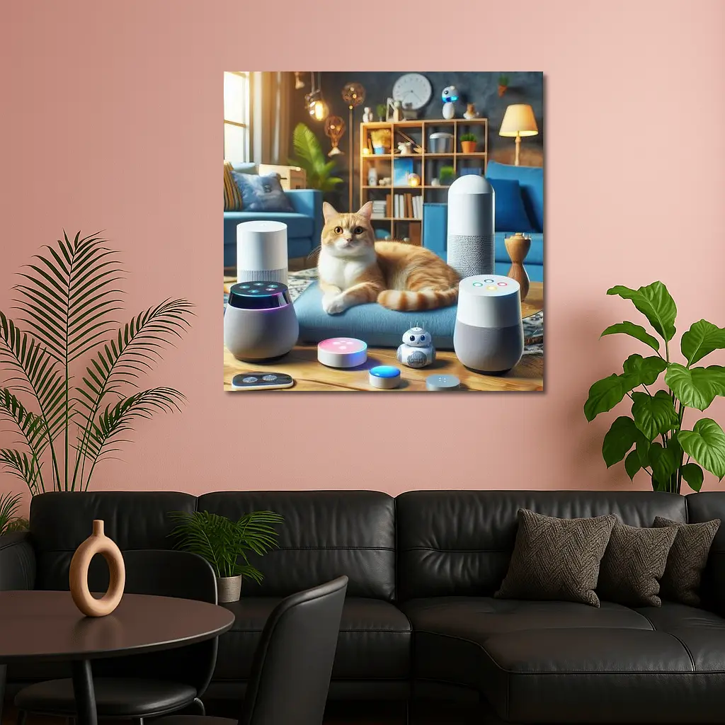 Orange Cat Surrounded By Smart Home Speakers – Wall Art
