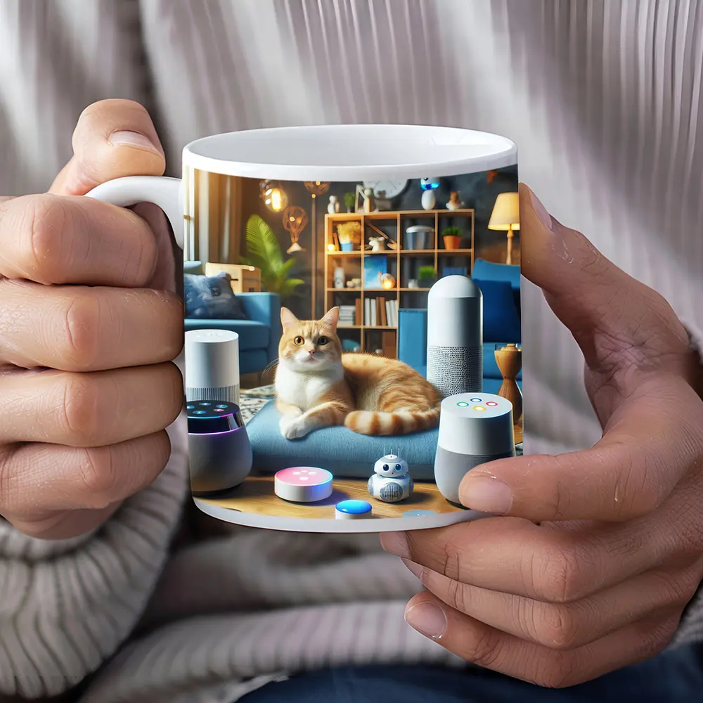 Orange Cat Surrounded By Smart Home Speakers – Mugs