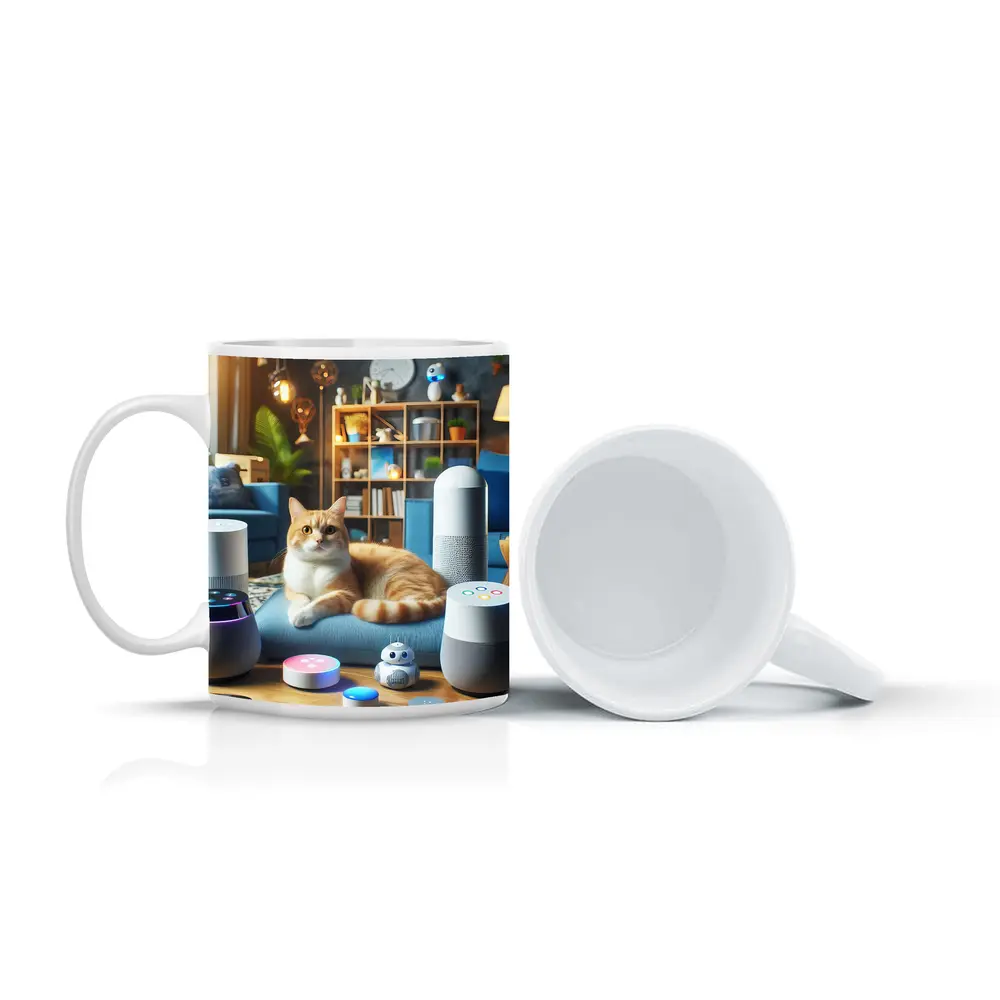 Orange Cat Surrounded By Smart Home Speakers – Mugs