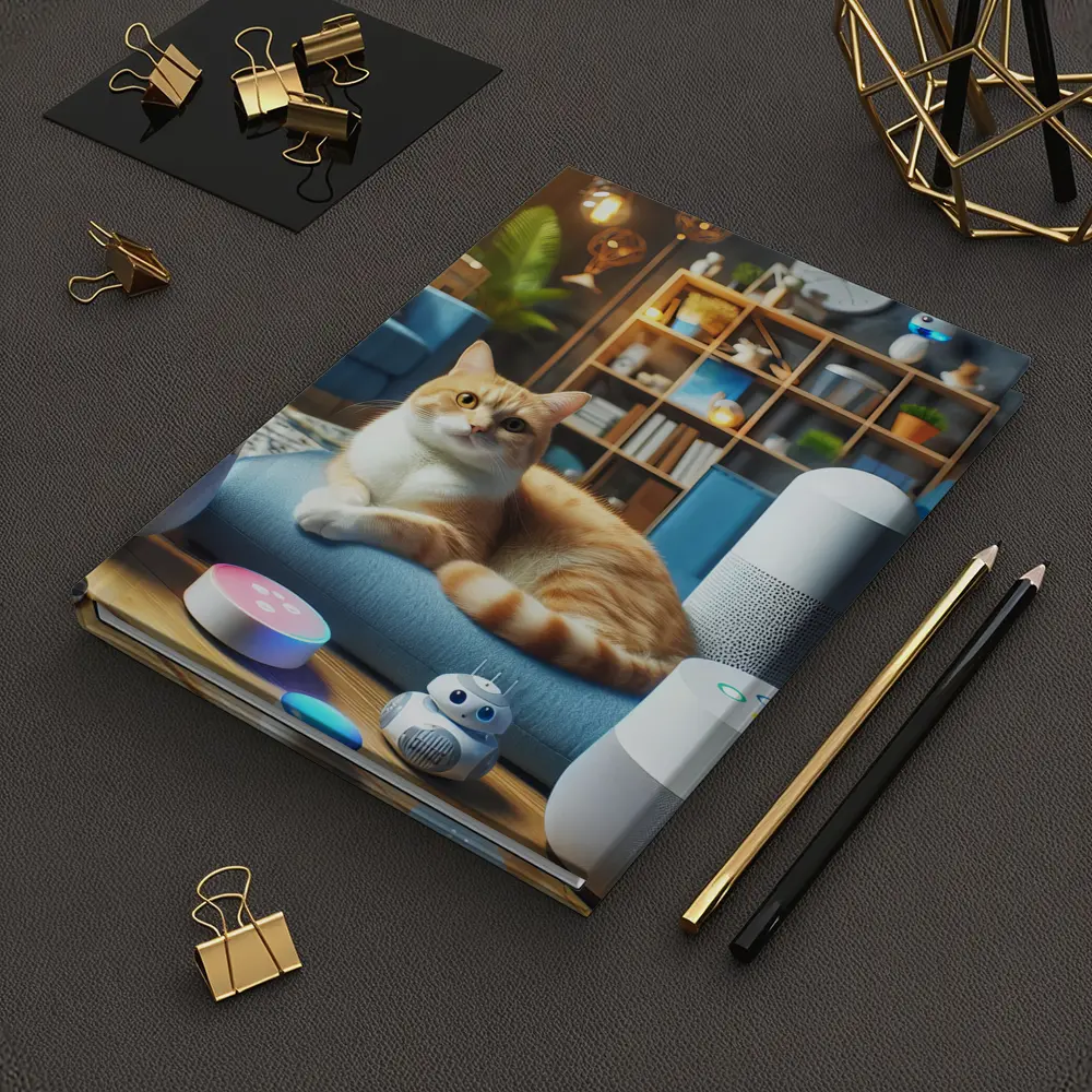 Orange Cat Surrounded By Smart Home Speakers – Notebooks