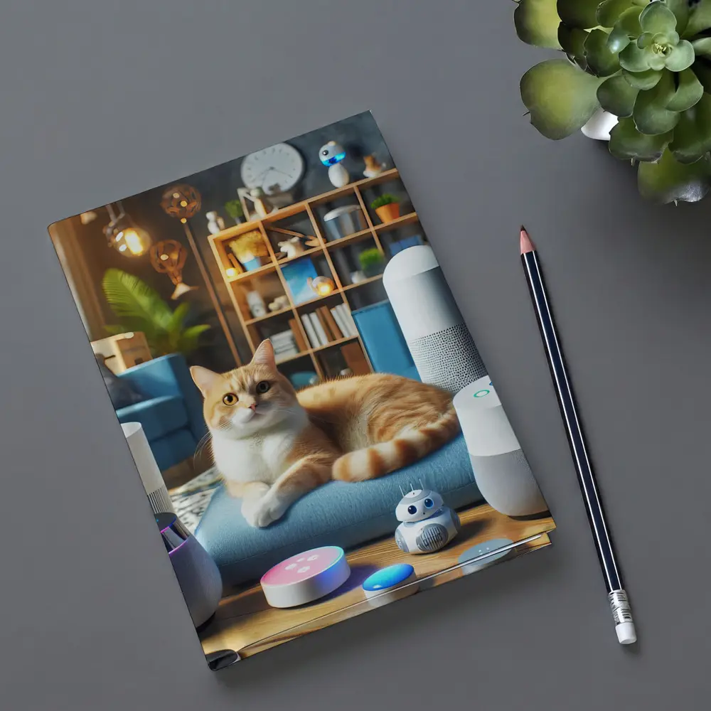 Orange Cat Surrounded By Smart Home Speakers – Notebooks