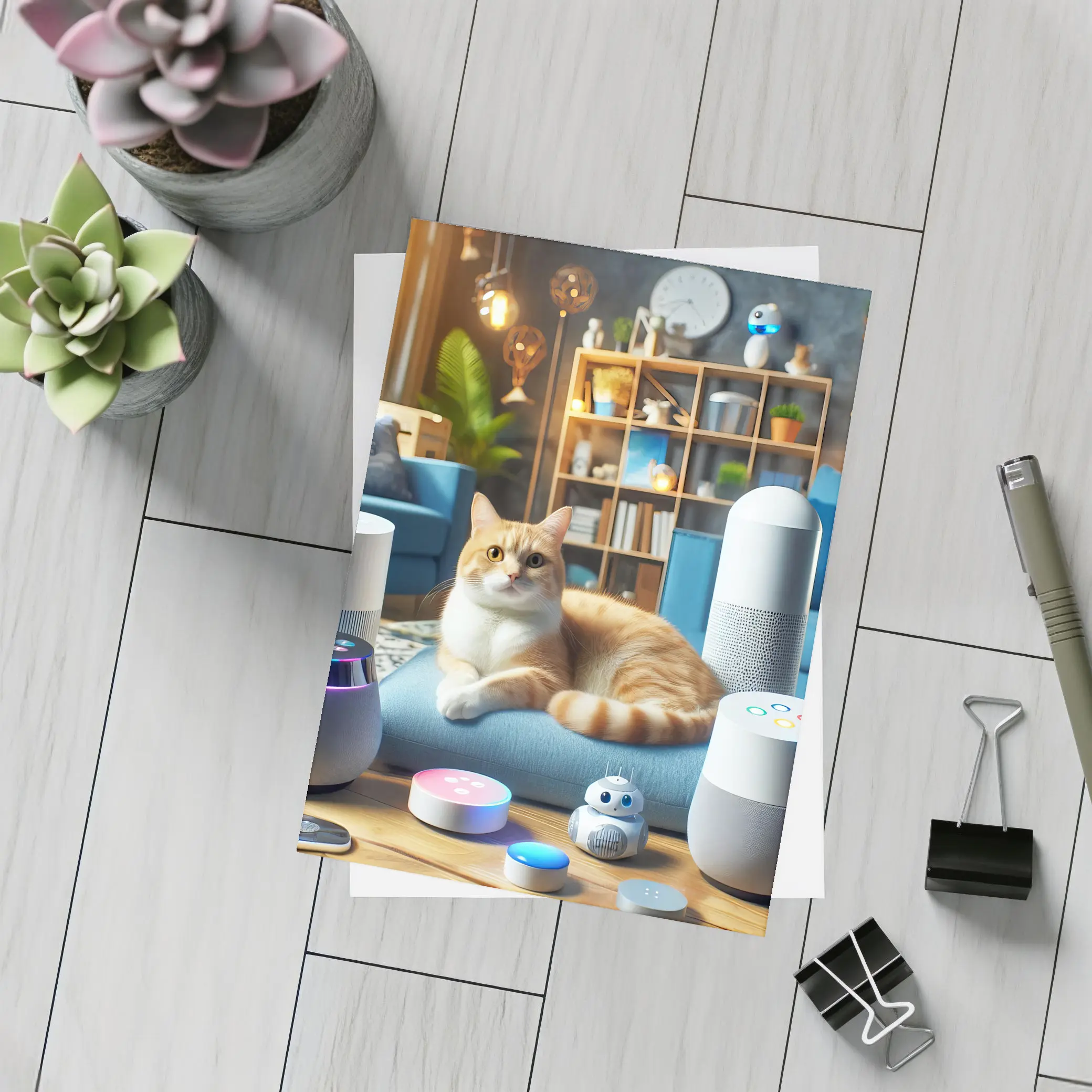Orange Cat Surrounded By Smart Home Speakers – Postcards