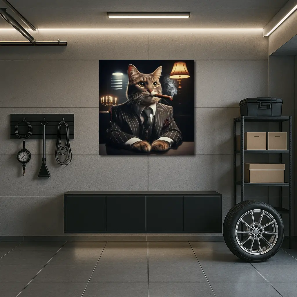 Gangster Cat Pinstripe Suit Dark Room – Wall Art