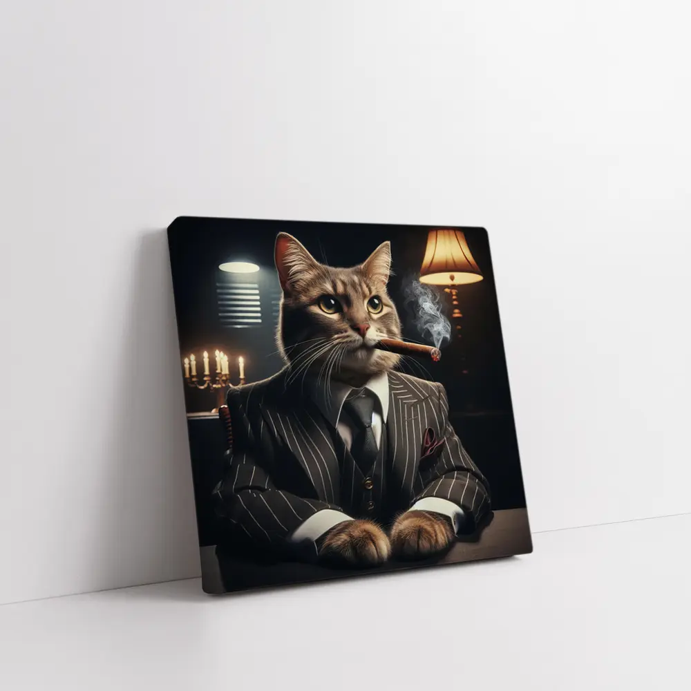 Gangster Cat Pinstripe Suit Dark Room – Wall Art