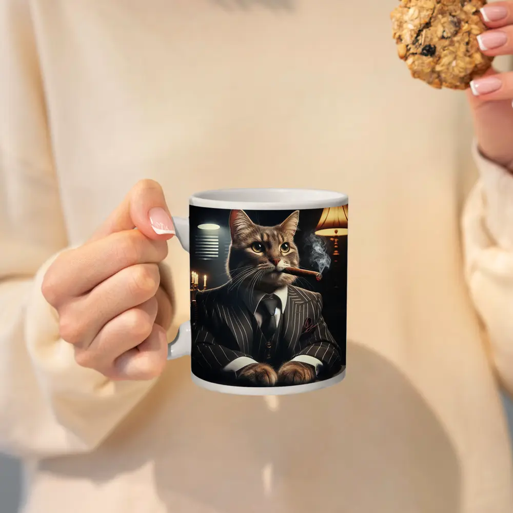 Gangster Cat Pinstripe Suit Dark Room – Mugs