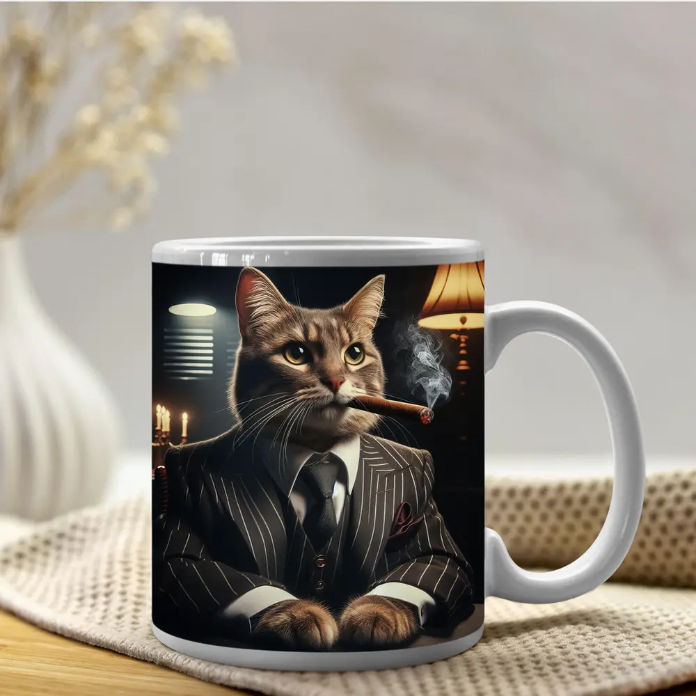 Gangster Cat Pinstripe Suit Dark Room – Mugs