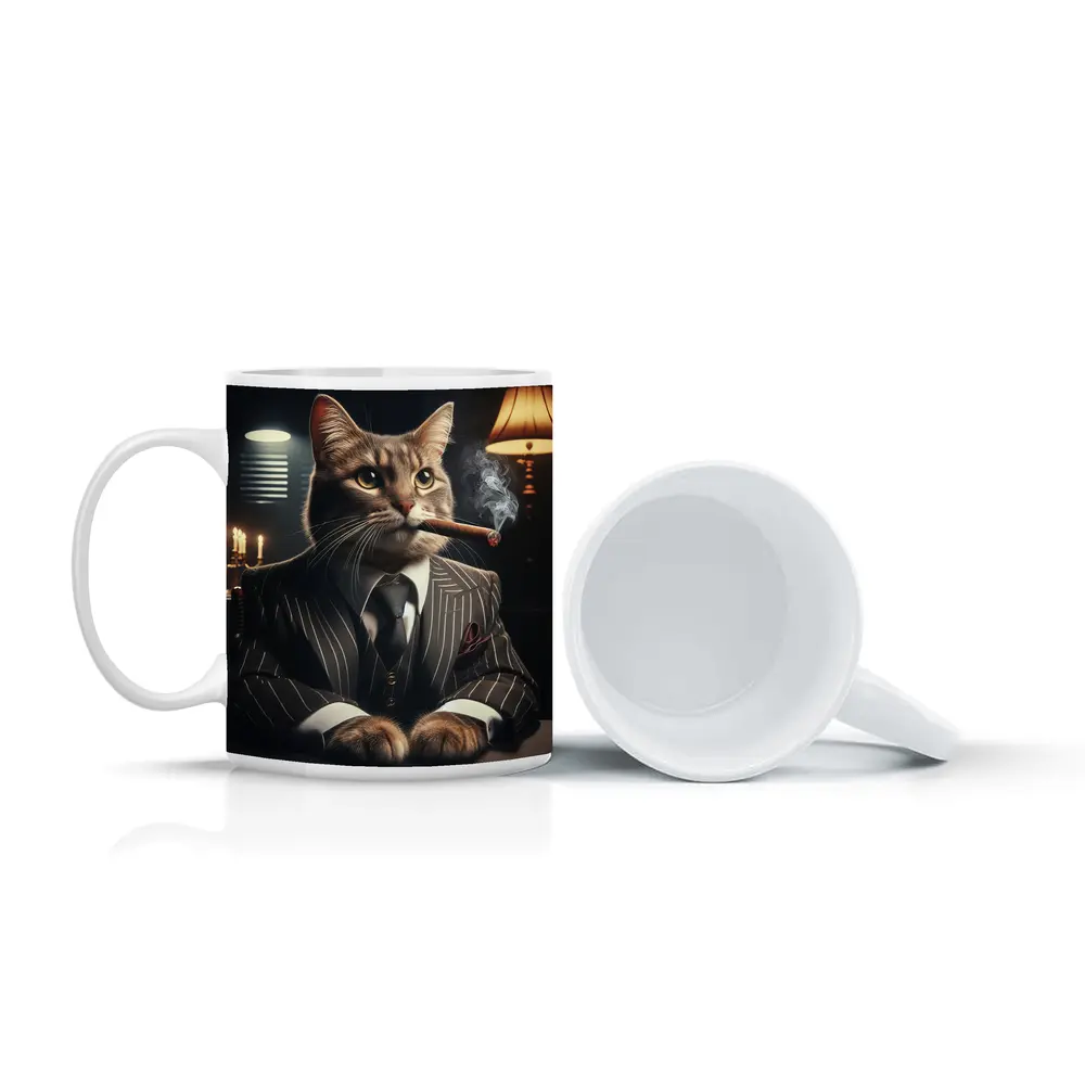 Gangster Cat Pinstripe Suit Dark Room – Mugs