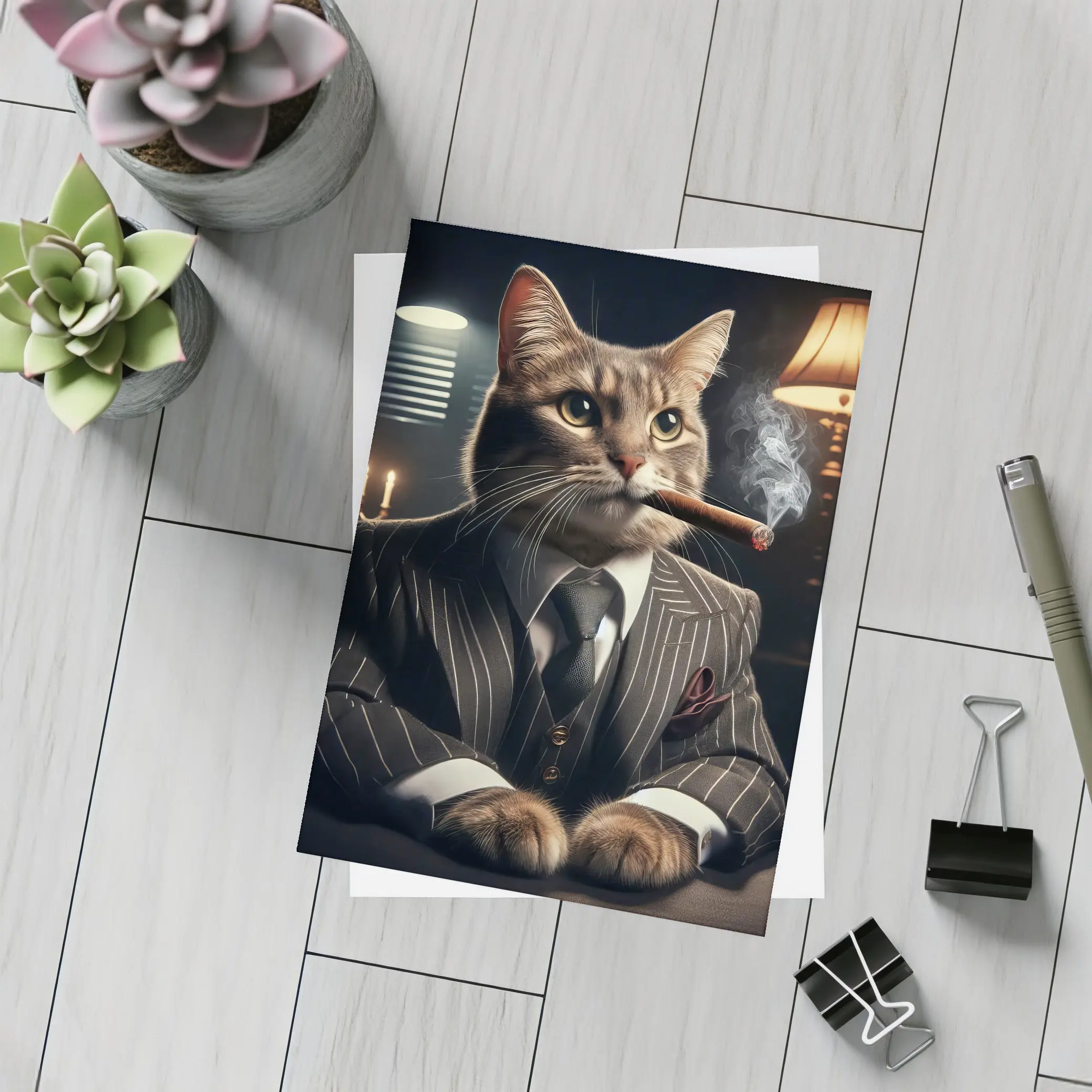 Gangster Cat Pinstripe Suit Dark Room – Postcards