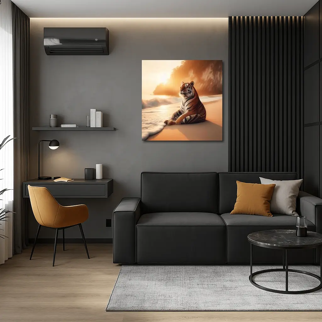 Tiger Resting On Sandy Beach At Sunset – Wall Art