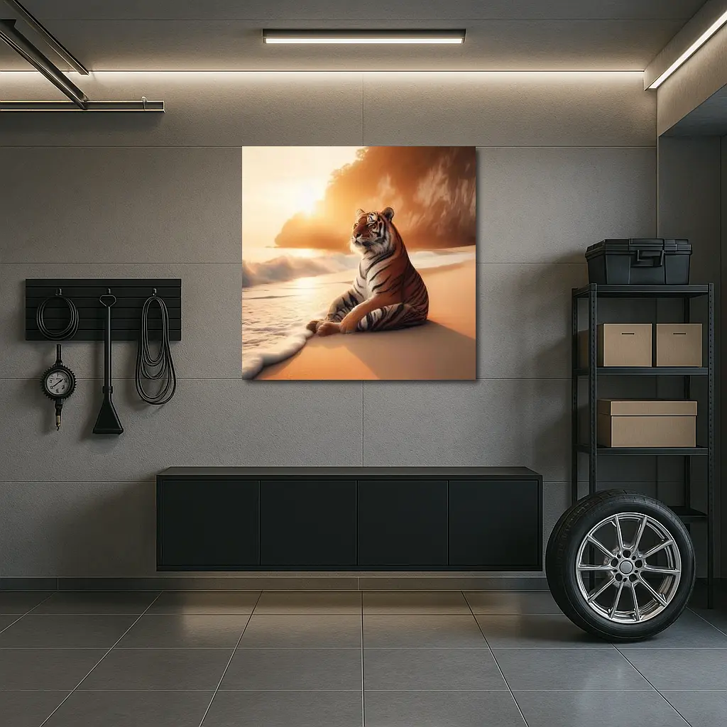Tiger Resting On Sandy Beach At Sunset – Wall Art