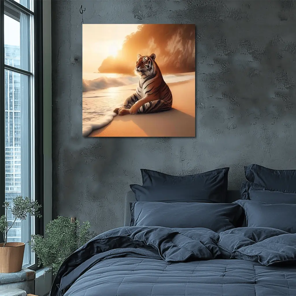 Tiger Resting On Sandy Beach At Sunset – Wall Art