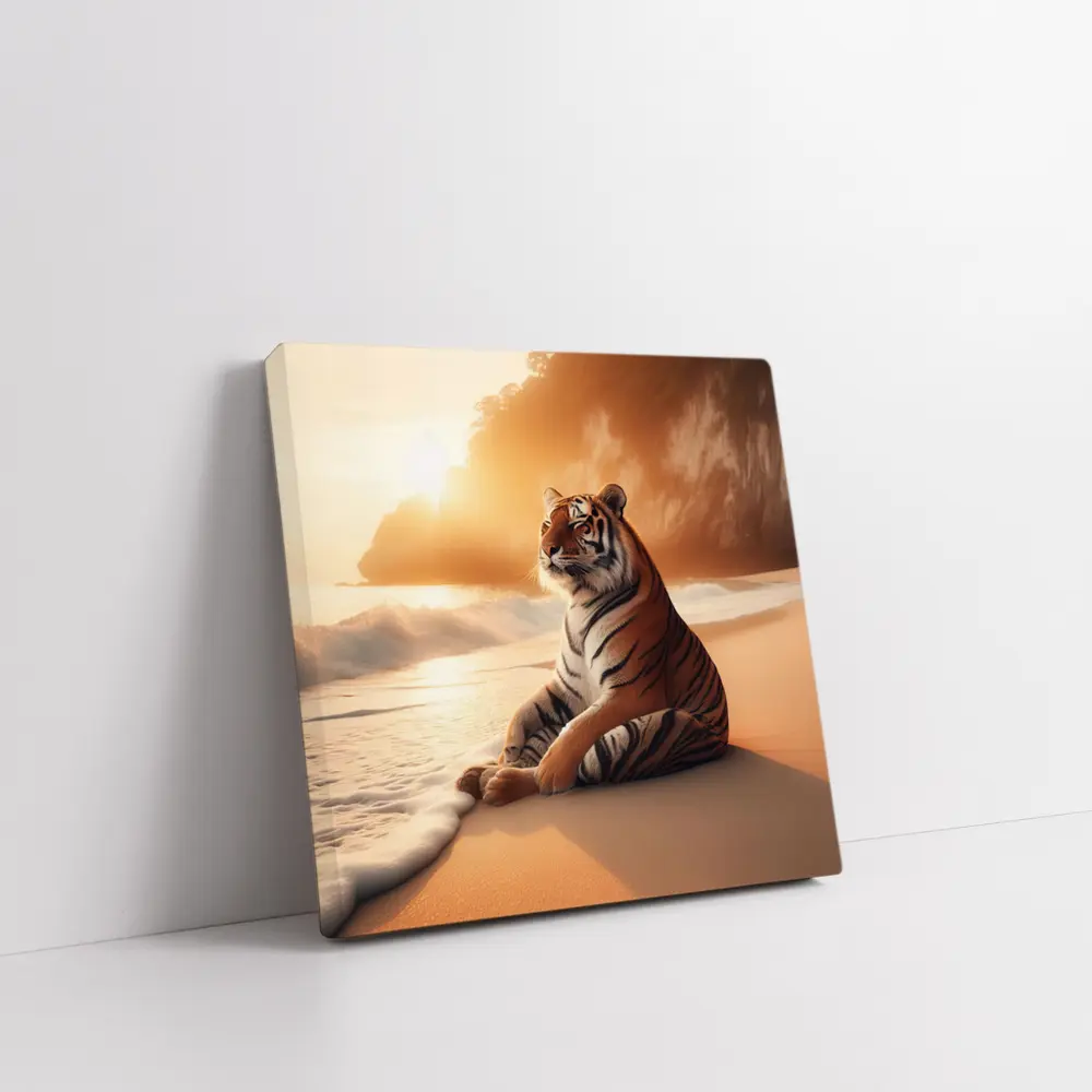 Tiger Resting On Sandy Beach At Sunset – Wall Art