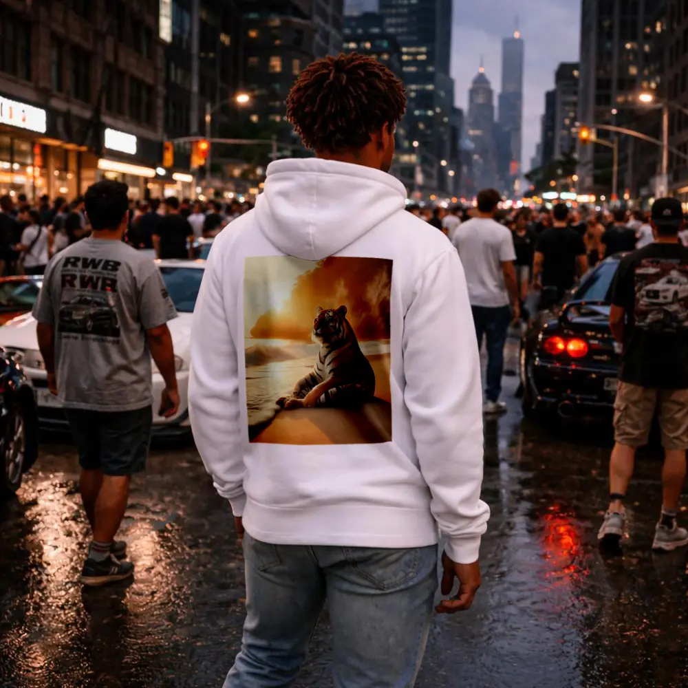 Tiger Resting On Sandy Beach At Sunset – Hoodies