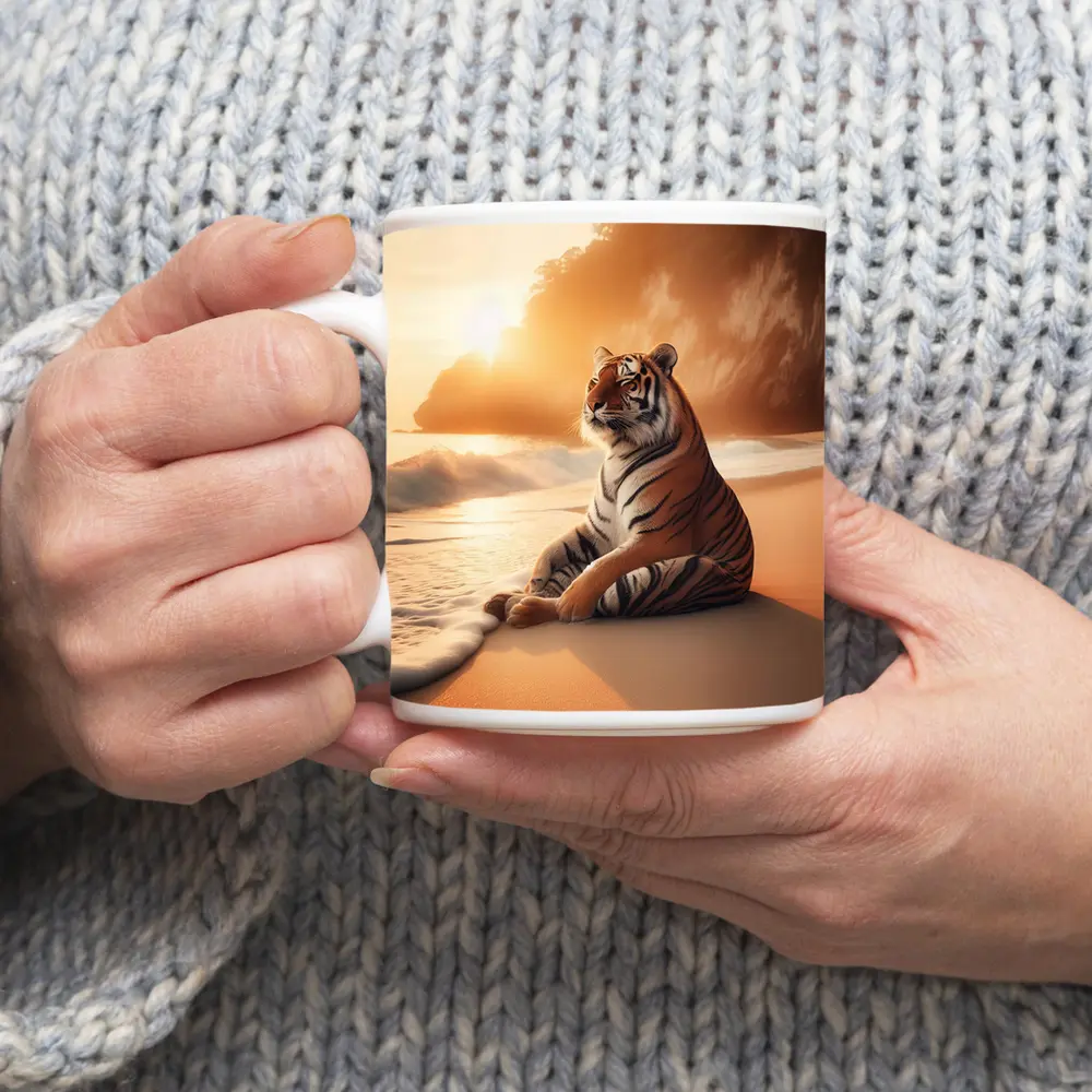 Tiger Resting On Sandy Beach At Sunset – Mugs