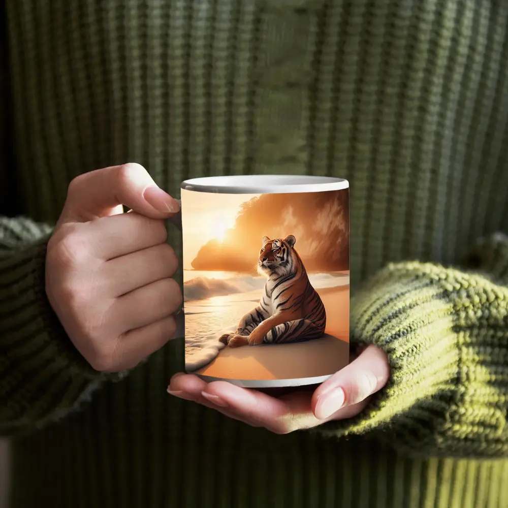 Tiger Resting On Sandy Beach At Sunset – Mugs