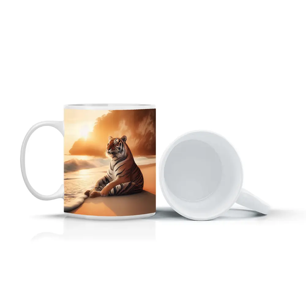 Tiger Resting On Sandy Beach At Sunset – Mugs