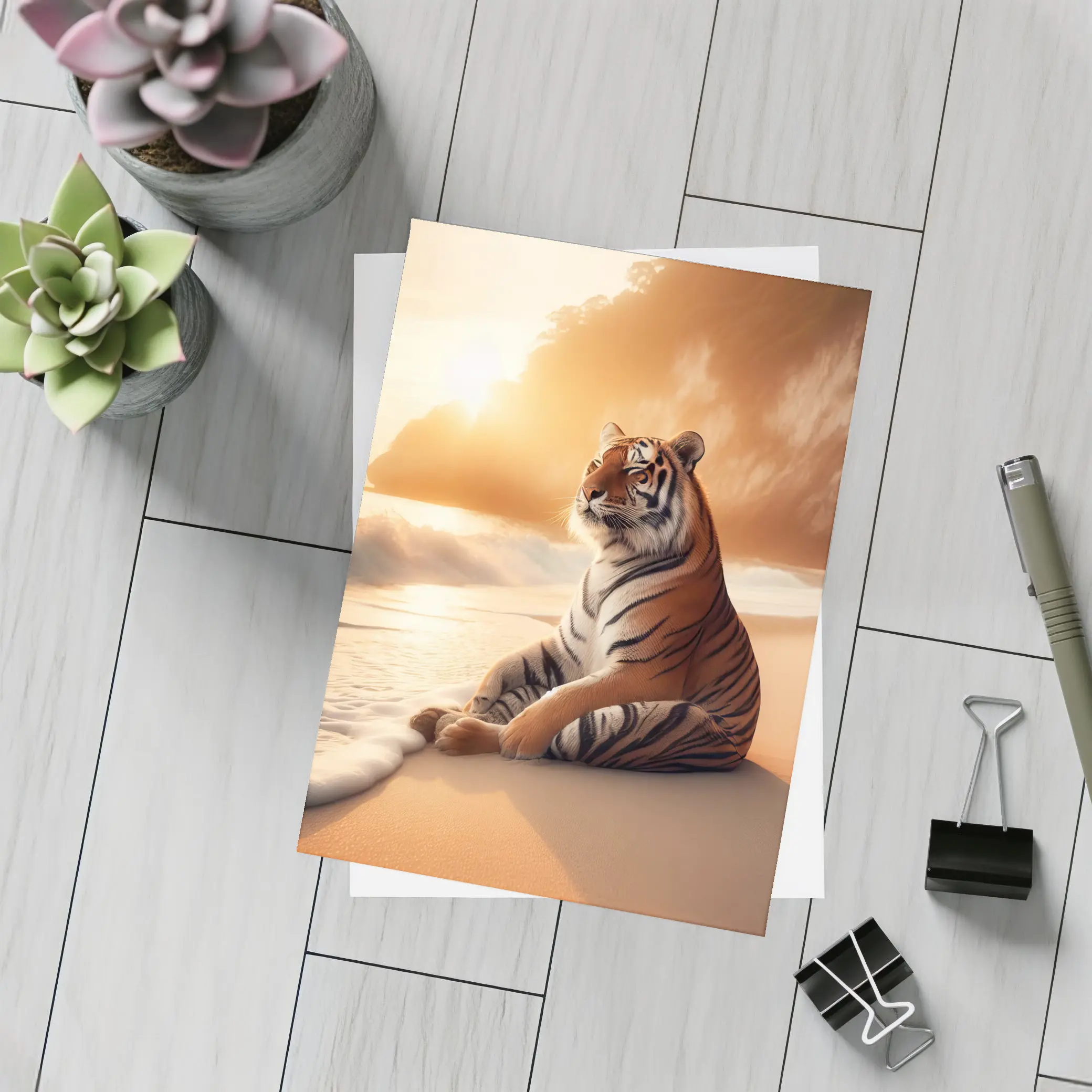 Tiger Resting On Sandy Beach At Sunset – Postcards