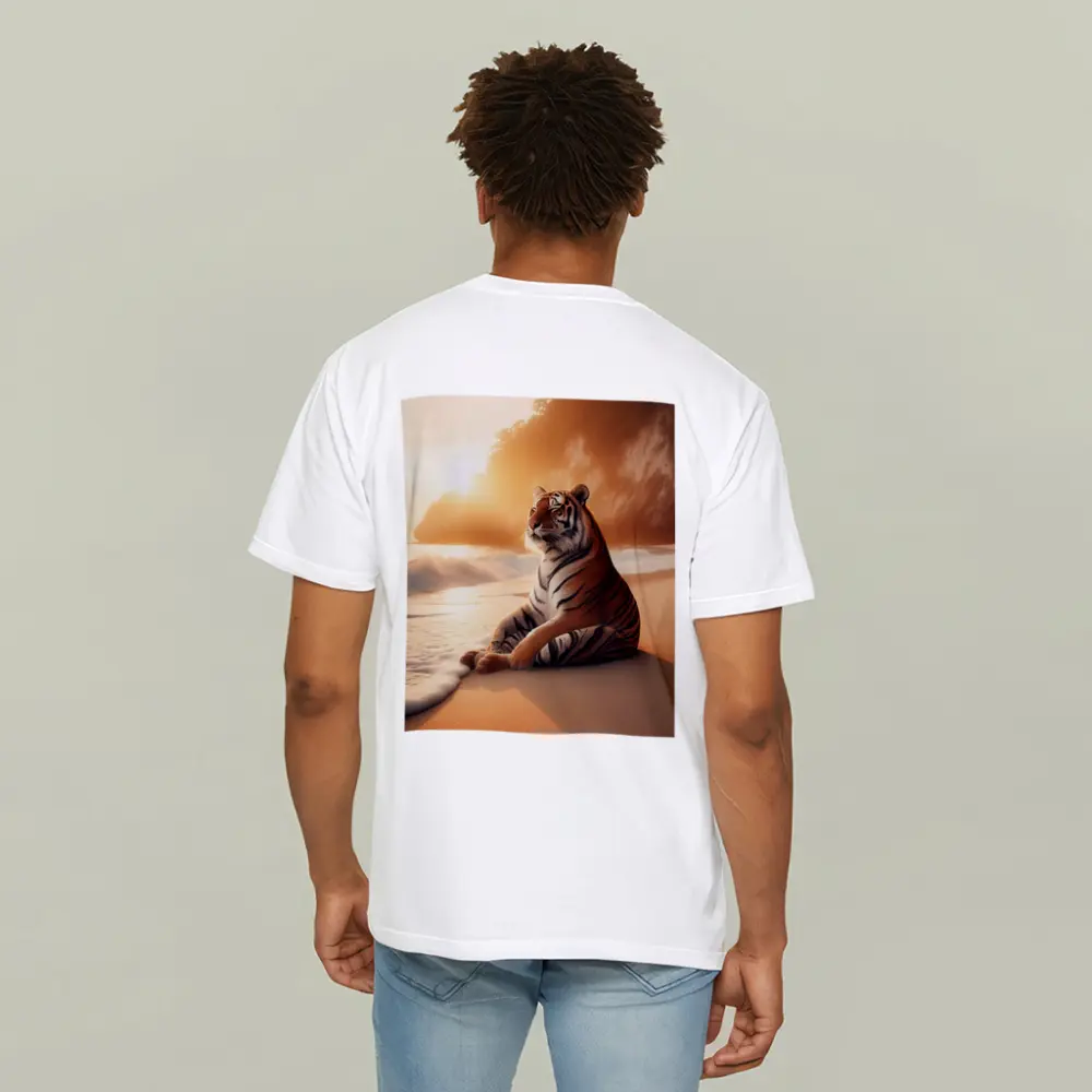 Tiger Resting On Sandy Beach At Sunset – T-Shirts
