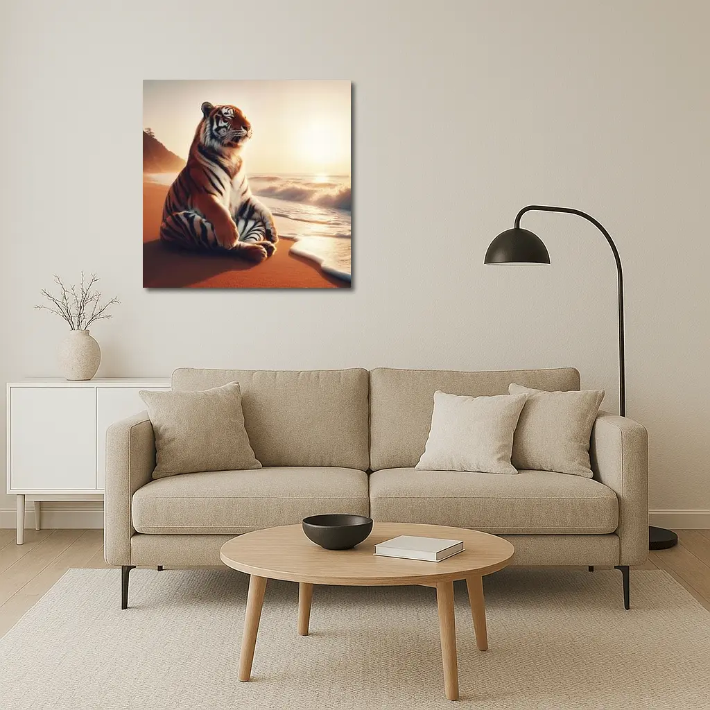 Tiger Sitting on Beach at Sunset – Wall Art