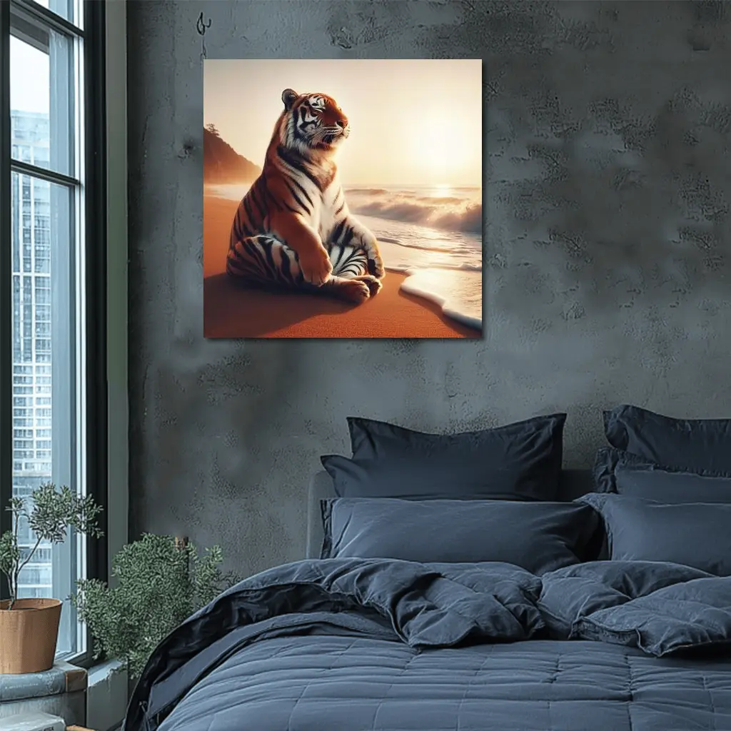 Tiger Sitting on Beach at Sunset – Wall Art