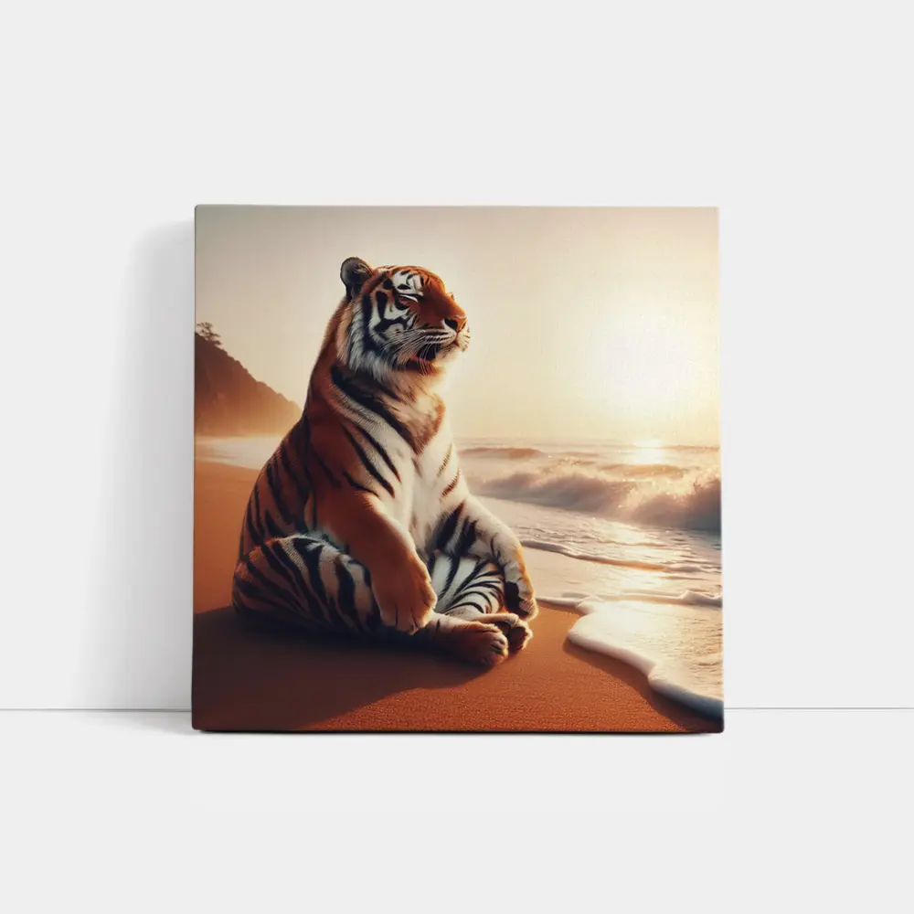 Tiger Sitting on Beach at Sunset – Wall Art